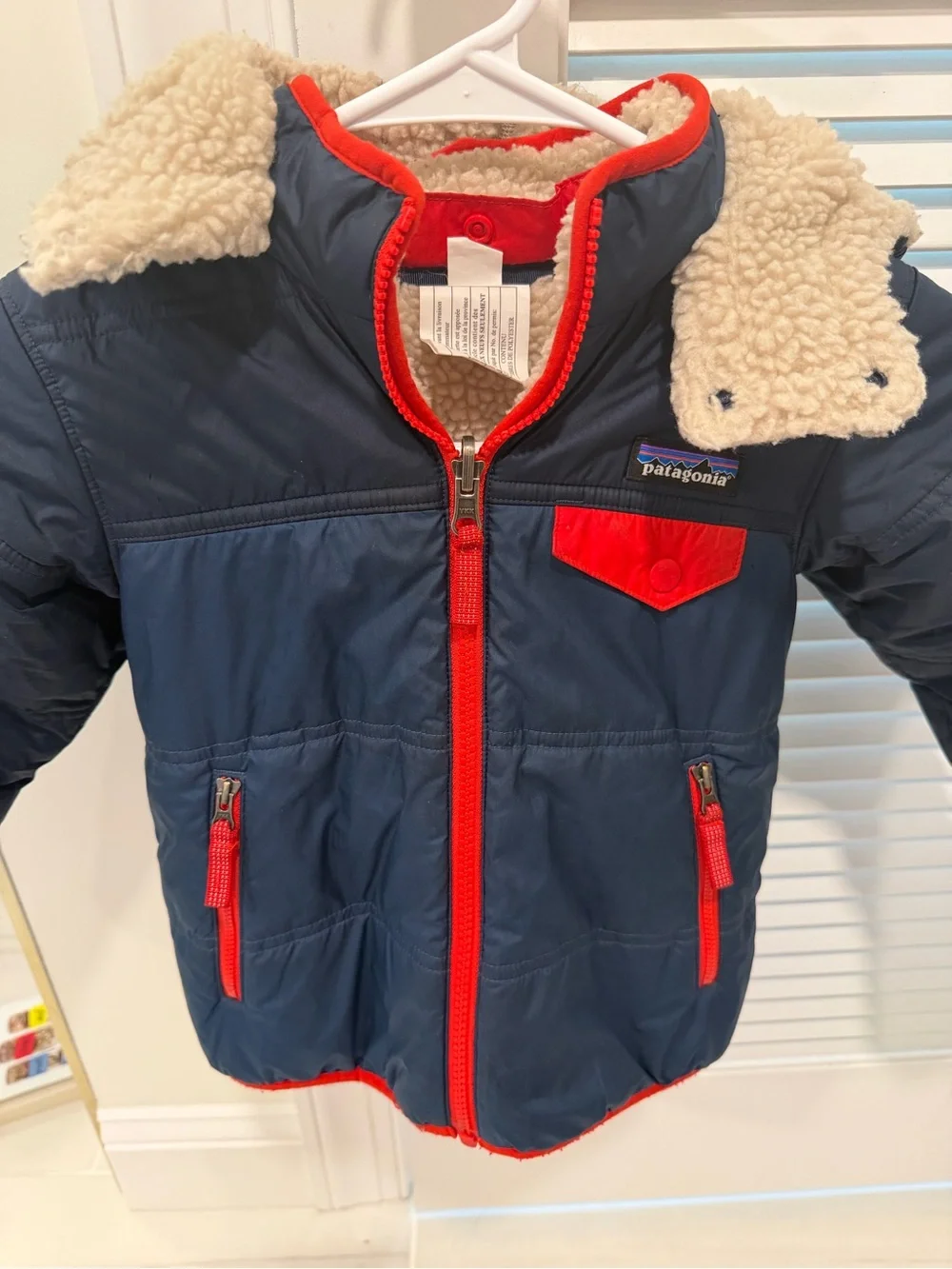 Patagonia Navy Jacket with Red Trim and Cream Sherpa Collar 4T